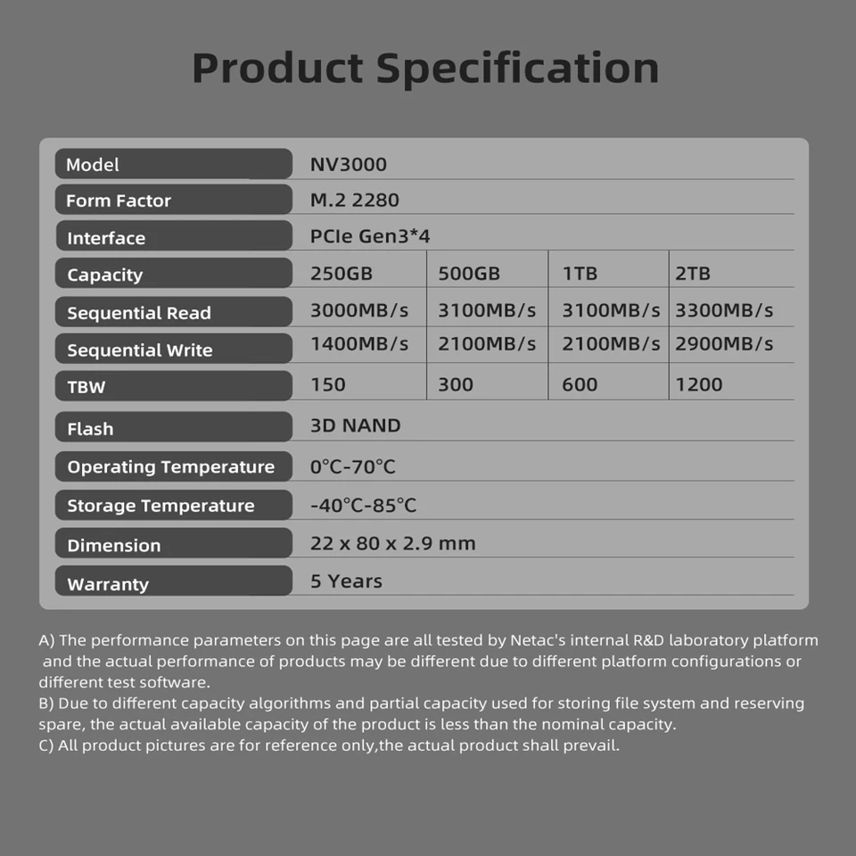 Netac NVMe SSD M2 1TB 2TB 500GB 250GB 3500MB/s SSD PCIe3.0 M.2
