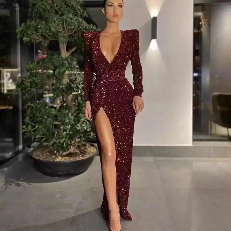 4001 Elegant Deep V Neck Shoulder Long Sleeve Sequined Bodycon Maxi Dresses Woman Wedding Party Female Split Evening Dress