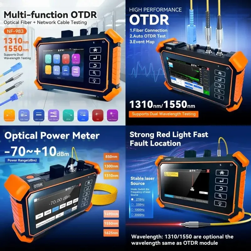 NOYAFA 4 Inch OTDR Tester Active fibe Fiber Optic Reflectometer with VFL OLS OPM Event Map 24/26dB for 100km Fiber Tester