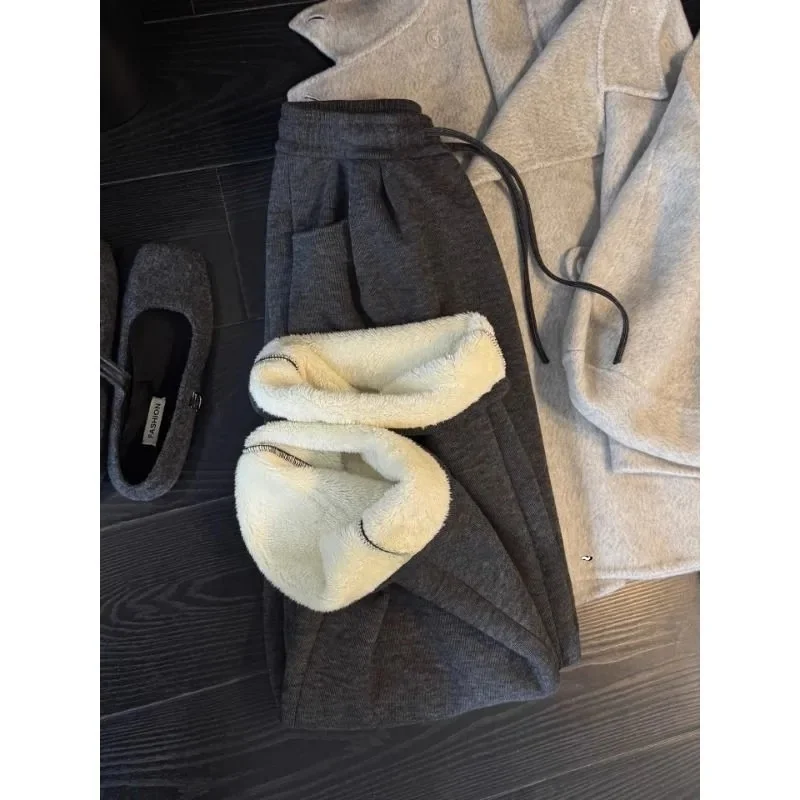 

Серые утепленные брюки из бархата с эффектом овечьей шерсти, прямые, с высокой талией, широкие штанины, женские, маленький размер, удобные повседневные брюки