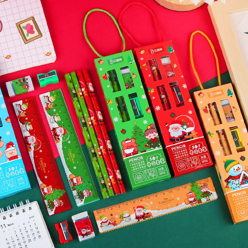 5pcs Stationery Set Pencil Ruler Sharpener Eraser Christmas Prize Gift for Kids Student Stationery Set Office Writing Supplies