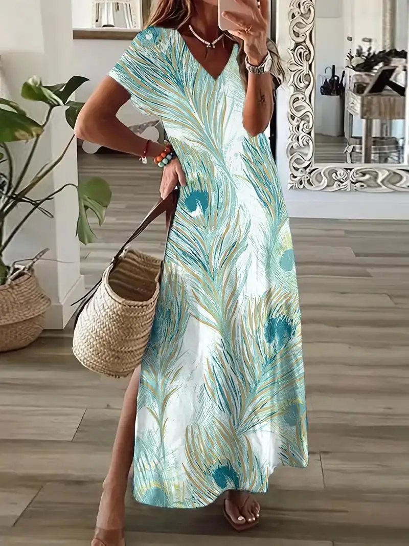 

2024 Summer Women's Split V Neck Long Dress 3d Peacock Feather Print Casual Dress Summer Dress Streetwear Short Sleeve Dresses