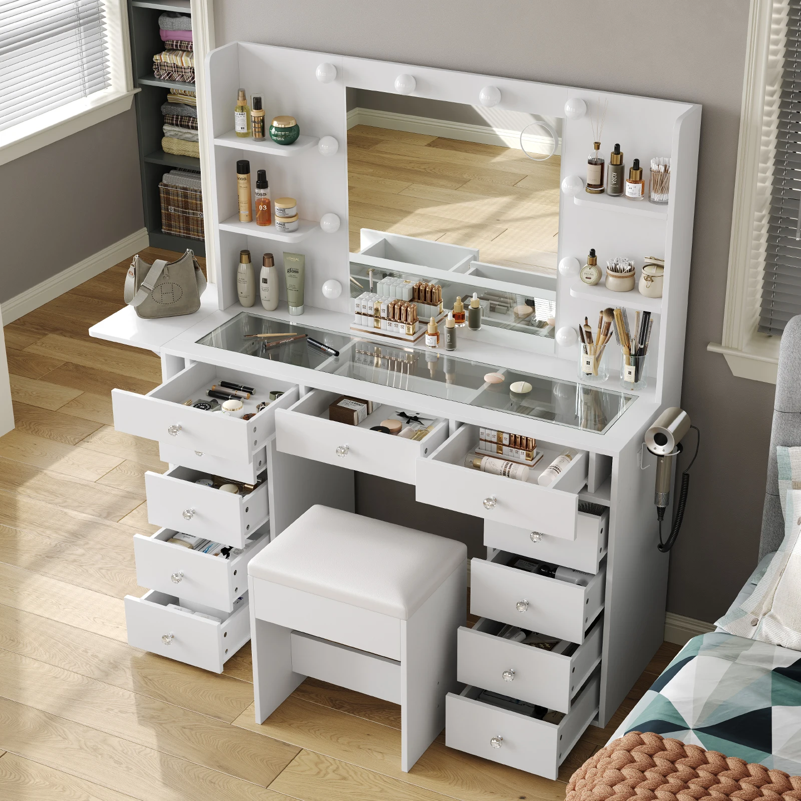 Set di tavolo da trucco bianco di grandi dimensioni, alto 55 pollici, con ampia capacità, specchio illuminato a LED con 10 lampadine e 3 modalità di illuminazione regolabili, 11 cassetti, 6 ripiani a