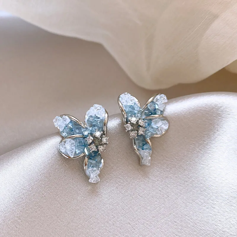 New Korean Design Elegant Gradient Butterfly Flower Zircon Stud Earrings For Women Fashion Sweet Crystal Jewelry Gifts