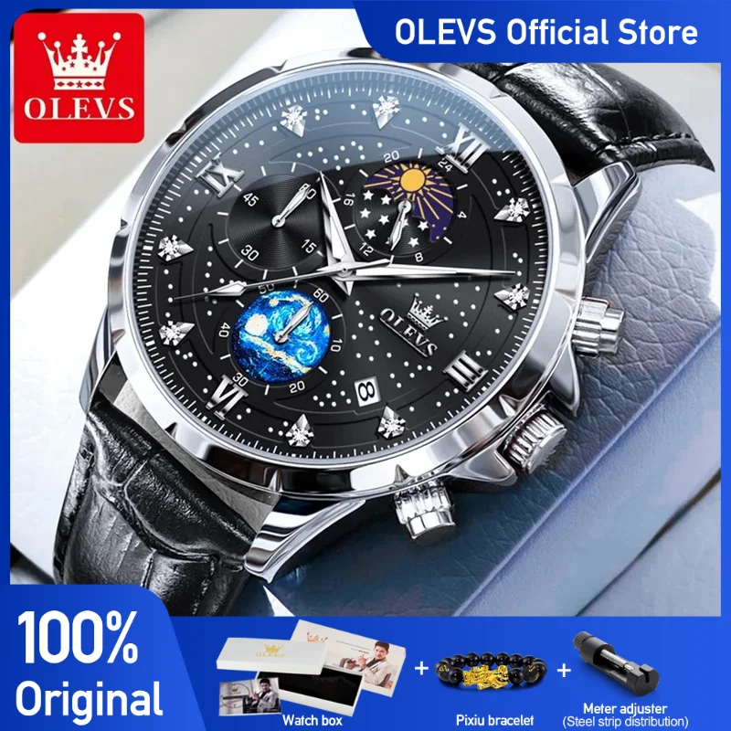 OLEVS 9807 Men\'s Watches Original Quartz Watch for Man Multifuncion Chronograph Waterproof Luminous Moon Phase 24 Hours Display