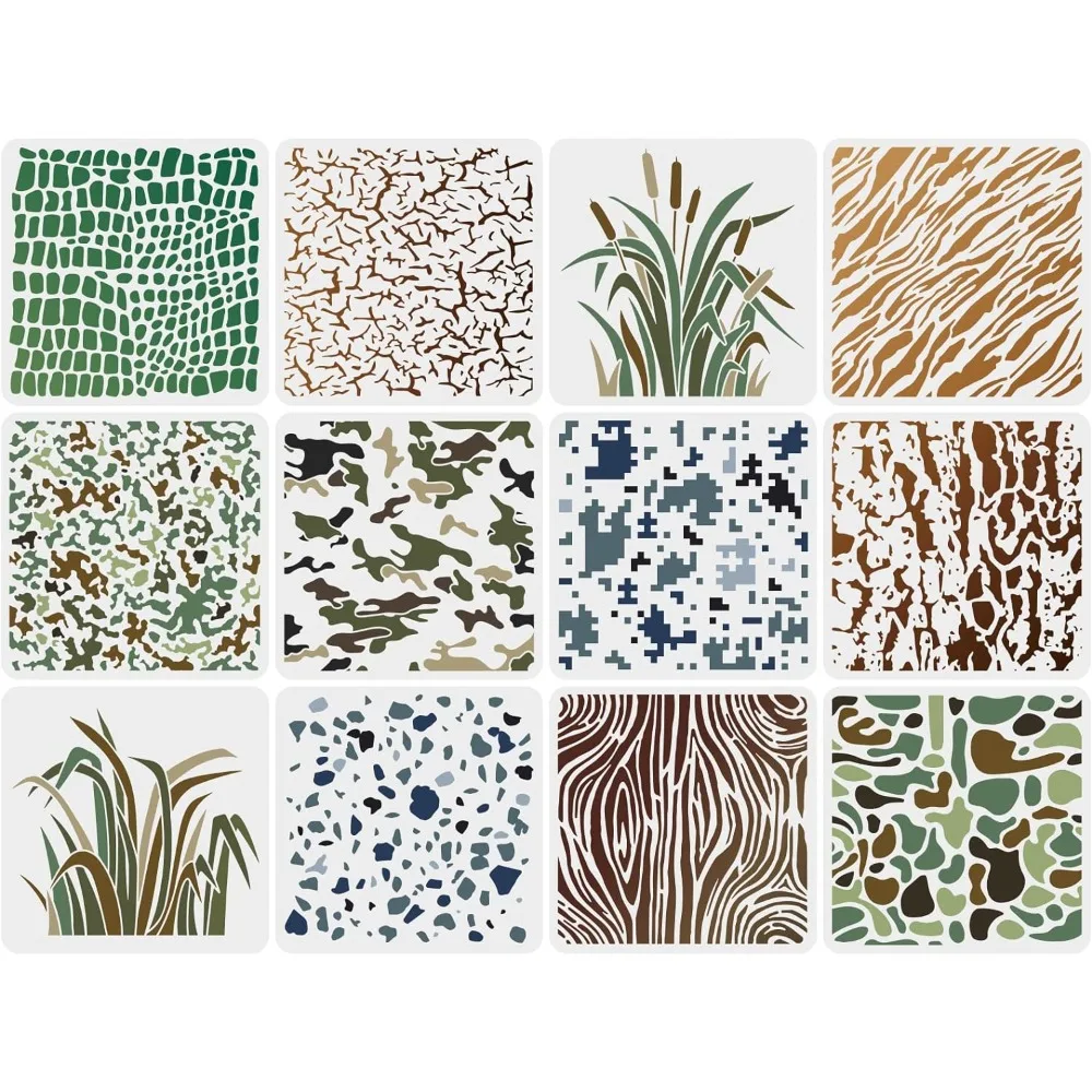 

12 Pcs Camo Print Stencils 11.8x11.8 inch Camouflage Stencil Plastic Camo Grass Reed Bark Tiger Stripe Pattern Stencil Reusable