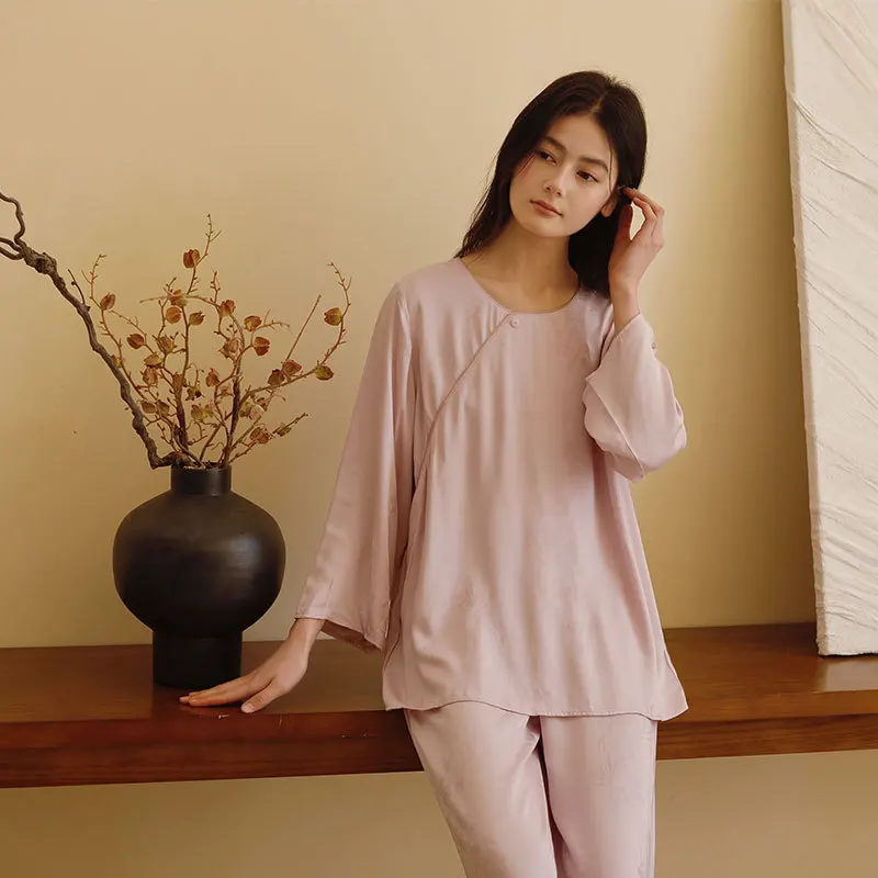 2025 Satin Solid Color Jacquard Antique Pullover Pajama Set Women's Long Sleeve Trousers Round Neck Loungewear Viscose Pajamas