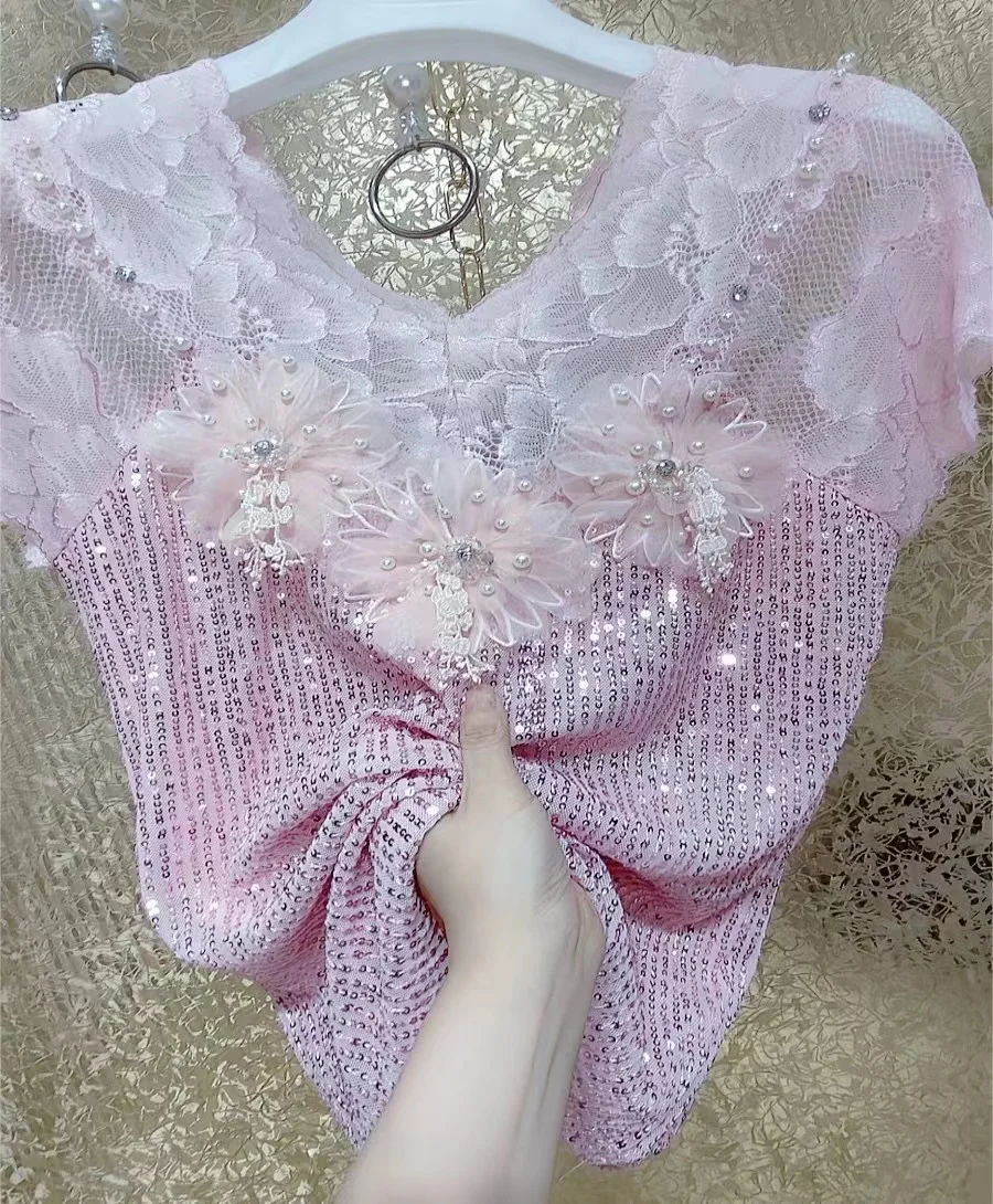 Luxury Beaded Tassels Stitch Pink Lace Sequined T Shirts For Women 2024 Summer Short Sleeve Tops Tees Tshirts Woman Clothing