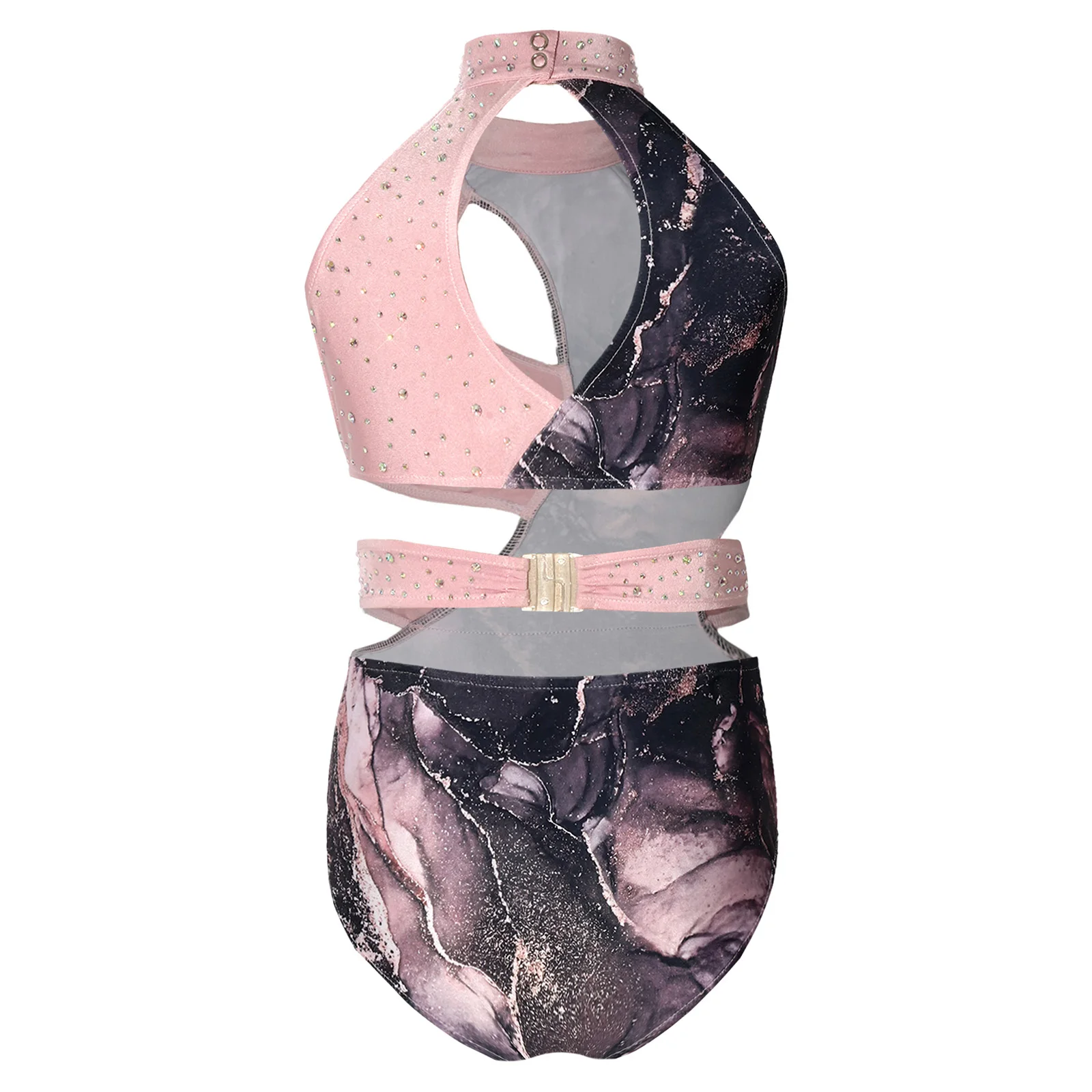 Kids Girls Artistic Gymnastics Leotard Ballet Dance Figure Skating Costume Sleeveless Shiny Rhinestone Printed Cutout Bodysuit