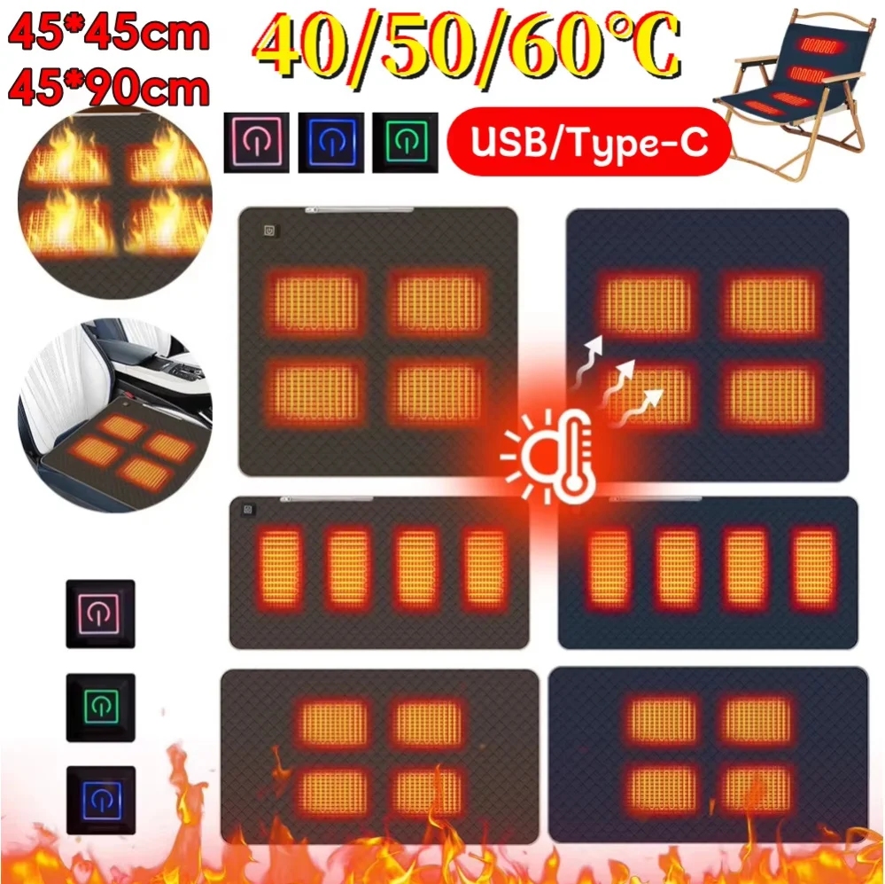 

4 Heated Areas Heated Warming Seat Cushion Portable Heating Pad Thickened Type C/USB Charging for Winter Outdoor Stadium Fishing