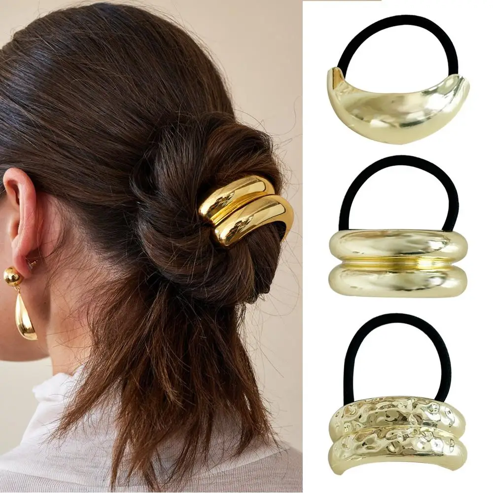 Simple Metal Golden Hair rope For Women elegant Geometry Elastic Handmade Hair Tie Fashion girl Hairband