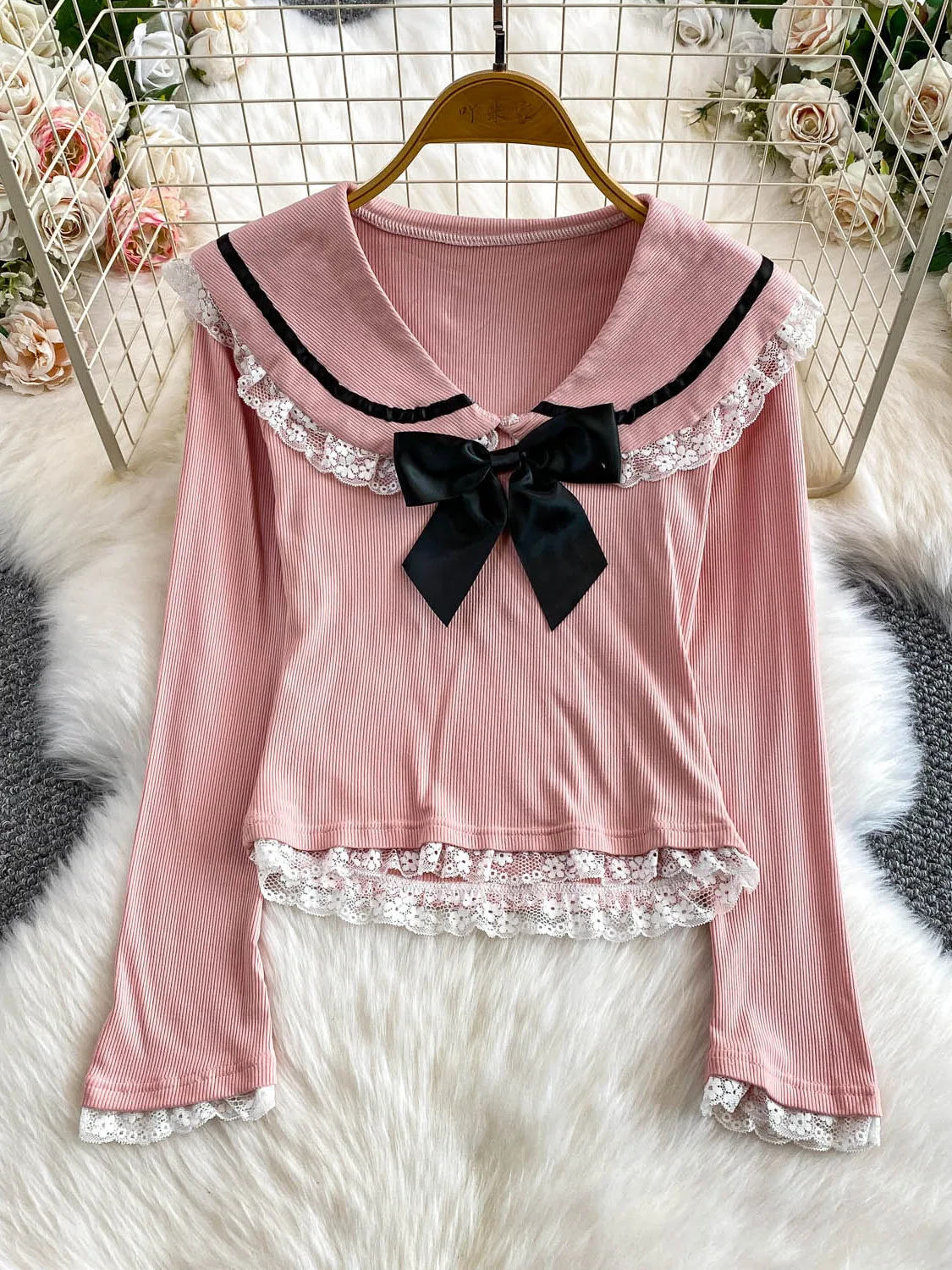 Atasan Rajut Ele Sweet dengan Renda dan Rok Cake High Waist Dua Potong Set Gaya Prancis Kasual untuk Musim Gugur