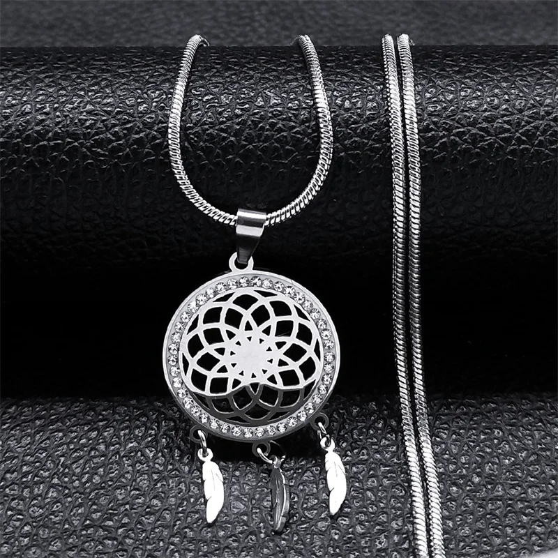 Sacred Geometry Flower Seed of Life Dream Catcher Necklace for Women Stainless Steel Feather Tassels Chain Jewelry N8230S01