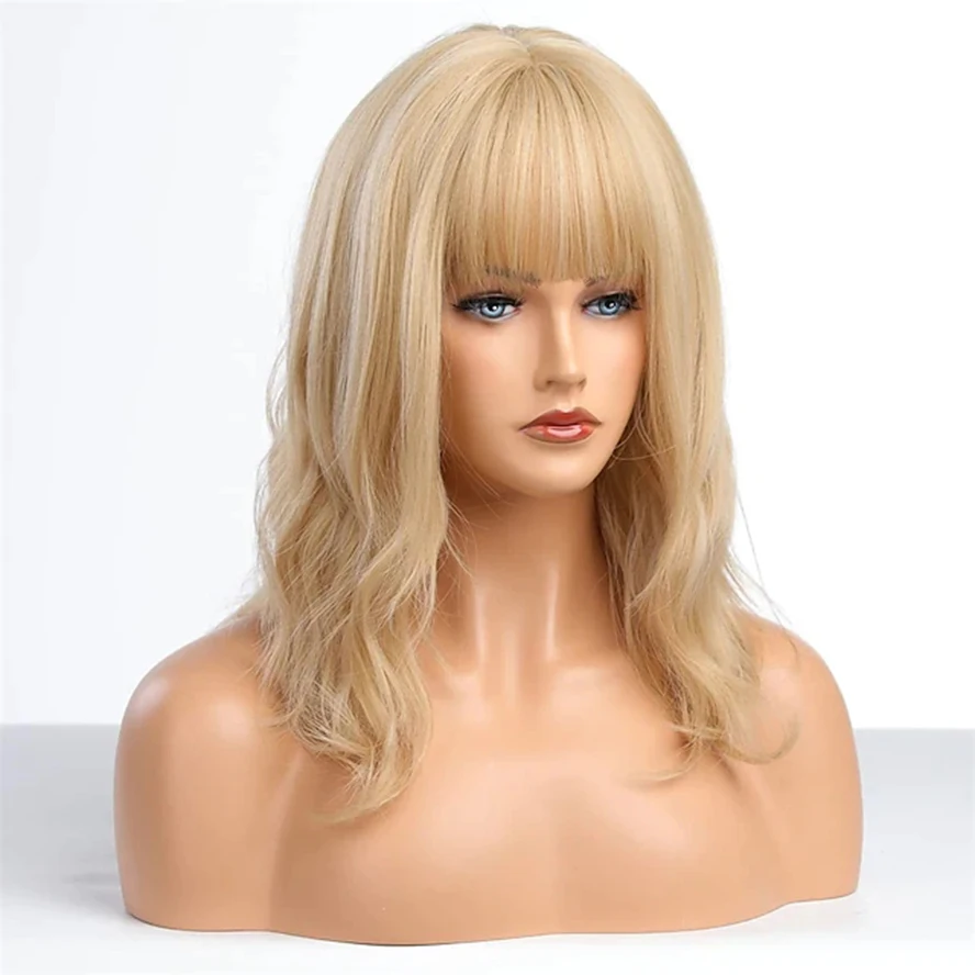 Shoulder Length Blonde Wig with Bangs Body Wave Bob Wig for Women Heat Resistant Synthetic Fiber Wigs 16Inch