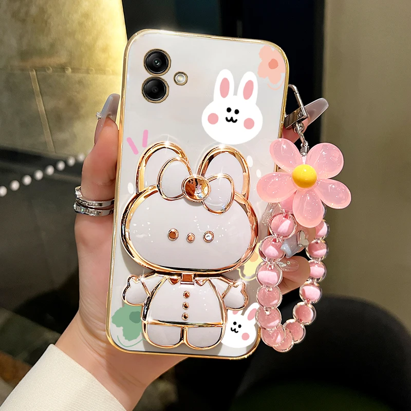 A04 E S Flower Strap Makeup Mirror Cute Rabbit Phone Holder Case On For Samsung Galaxy A04 A04E A04S SamsungA04 Girl Cover