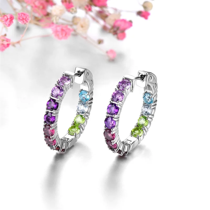 Natural Colorful Gemstone Sterling Silver Clip Earring 5 Carats Genuine Garnet Amethyst Classic Popular Jewelry Style Gifts
