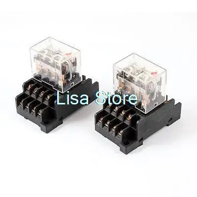 AC 200/220V Coil Red Indicator Lamp 4PDT 14 Pins Power Relay 2 Pcs + Socket Base