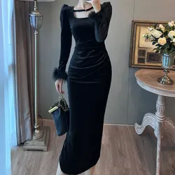 Elegant Vintage Square Collar Dresses 2024 Autumn Winter Slim Waist Women's Clothing French Style Spliced Long Sleeve Midi Dress