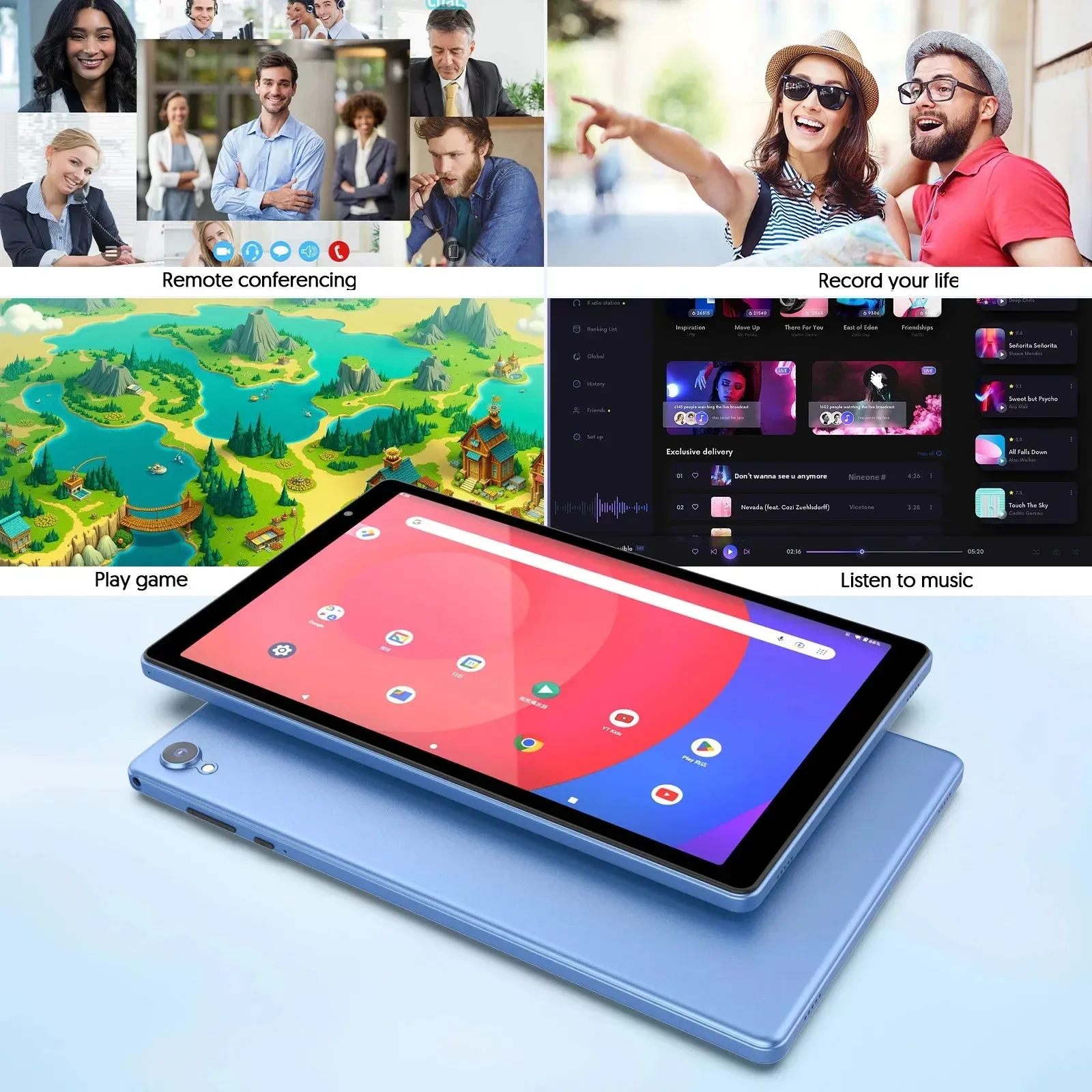 แท็บเล็ตขนาด 10.1 นิ้วรุ่นล่าสุด, ซีพียูแบบควอดคอร์, ระบบปฏิบัติการ Android 14, พื้นที่เก็บข้อมูล 32GB, รองรับการขยายหน่วยความจำด้วยการ์ด SD สูงสุด 512GB, รองรับ WiFi, เชื่อมต่อไร้สาย, กล้องคู่, รองรับ GMS