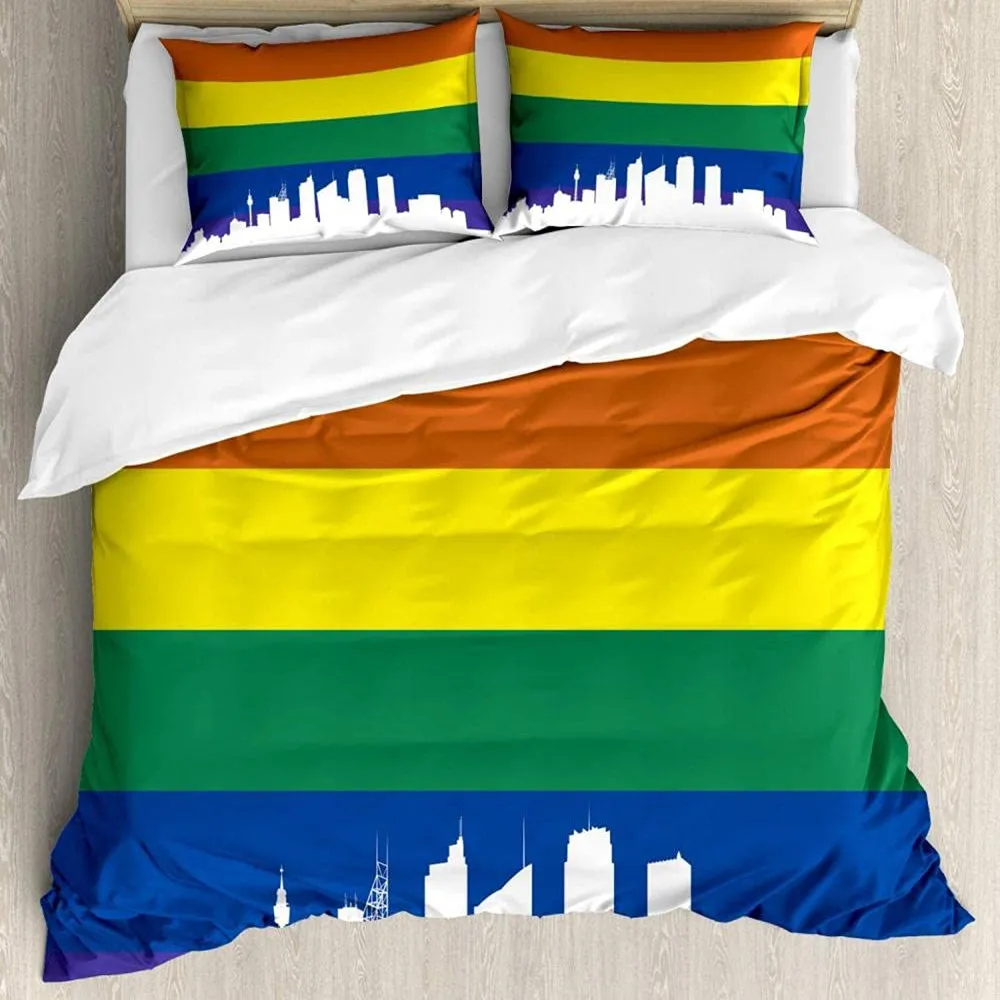 Pride Duvet Cover Set Polyester People Celebrating International Day for LGBT Community with Colorful Striped Design Bedding Set