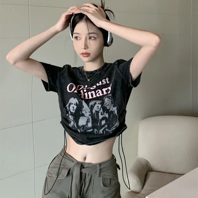 

Summer Women Retro Style Versatile Daily Tops Lady Letter Printed Drawstring T-Shirts Girls Fashion Baggy Short Sleeve Clothes