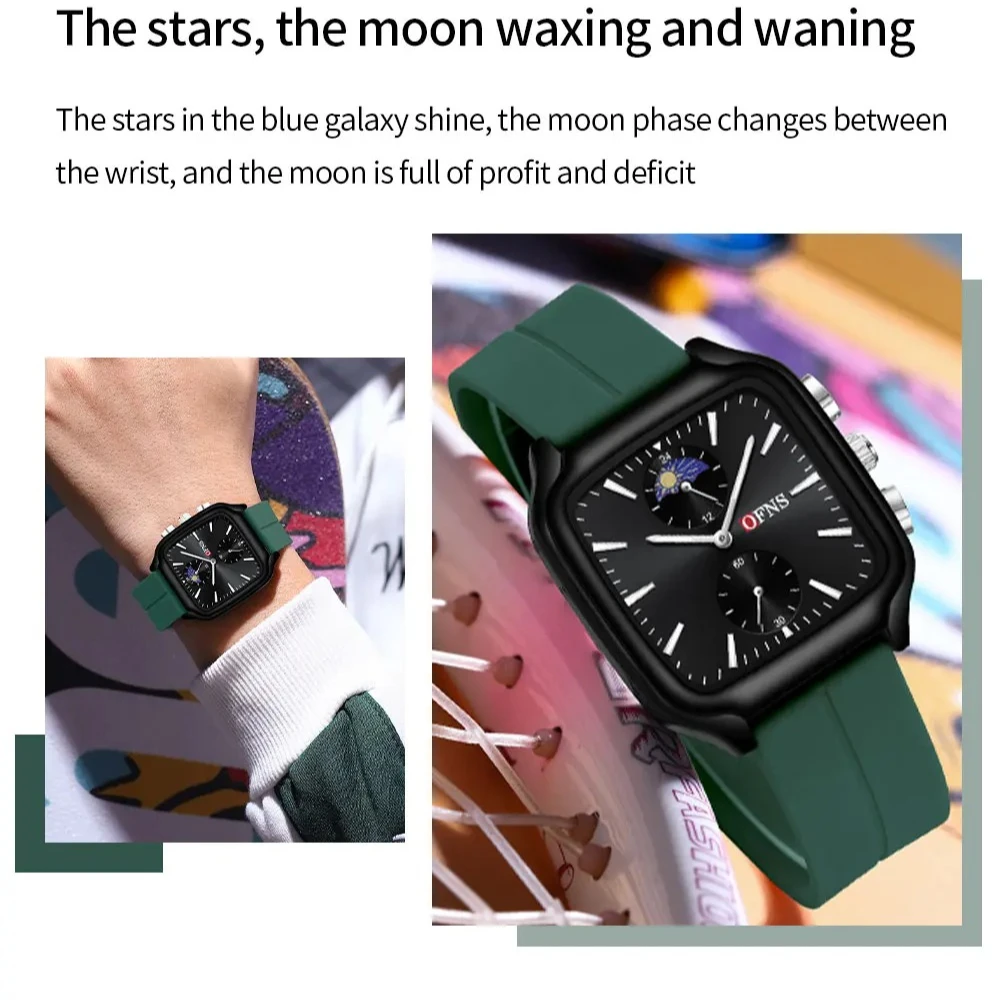 OFNS 7504, спортивные силиконовые кварцевые часы, водонепроницаемые светящиеся часы с календарем и фазой Луны, модные роскошные часы для мужчин, Relogios Masculino