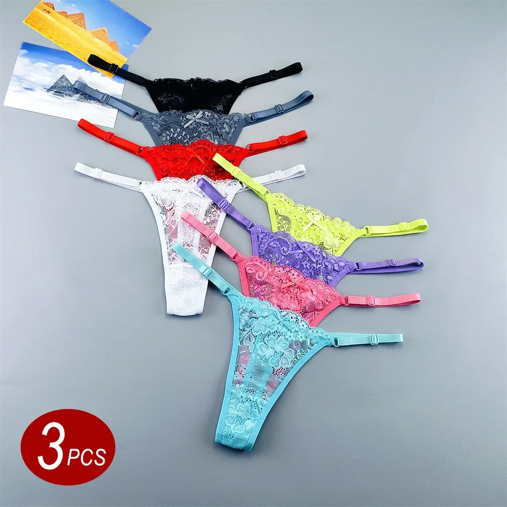 3Pcs Sexy Lace Thong Adjustable Underwear Women Low Rise Hollow Out Mesh G-string Female Underpants Perspective Lingerie