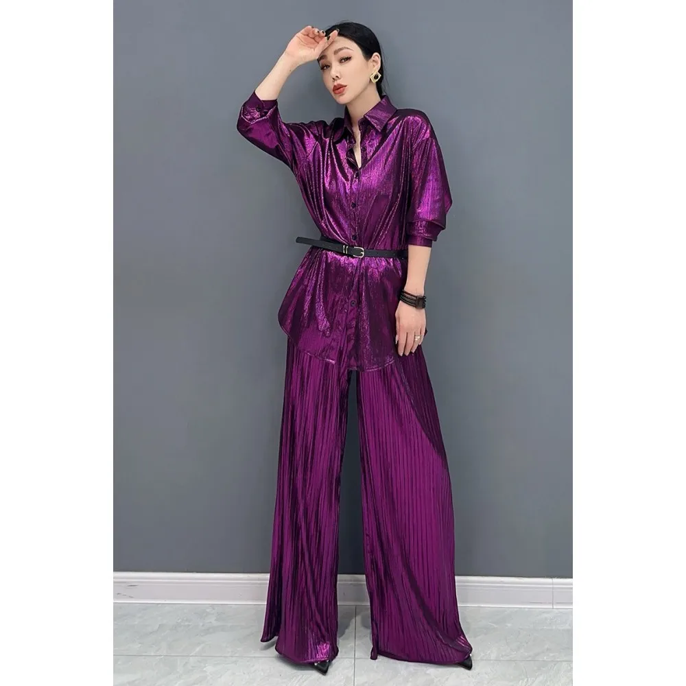 

2024 Summer New Women Pant Set Bright Face Pleated Long Shirt + Wide Leg Pants Two Piece Set Casual Fashion LX1978