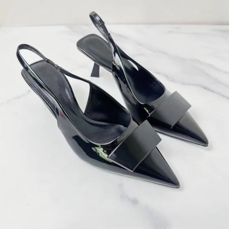 Pointed Toe Women Dress Shoes Black Patent Leather Summer Ladies Slingback Stilettos 2025 New Fashion Ladies High Heeled Sandals