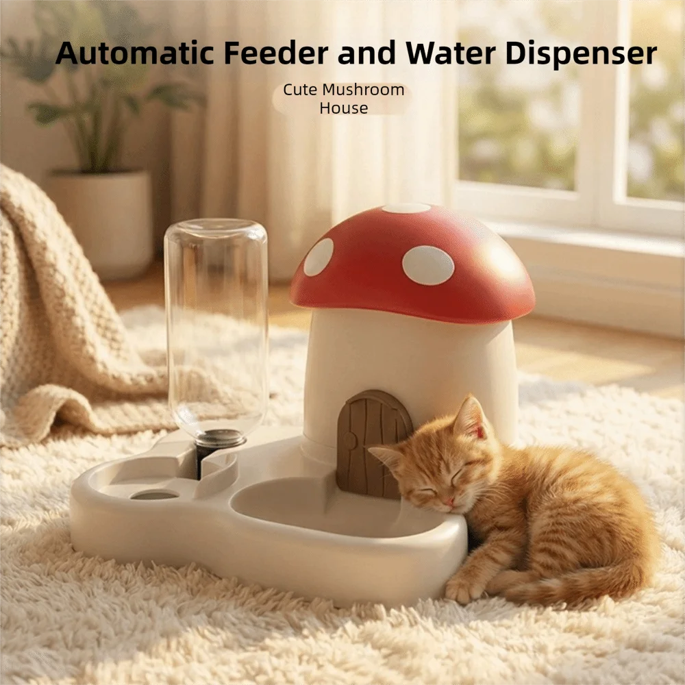 2 in 1 Mushroom Pet Automatic Feeder Large Capacity Moisture-proof Cat Food Dispenser Dry Wet Separation Gravity Refill