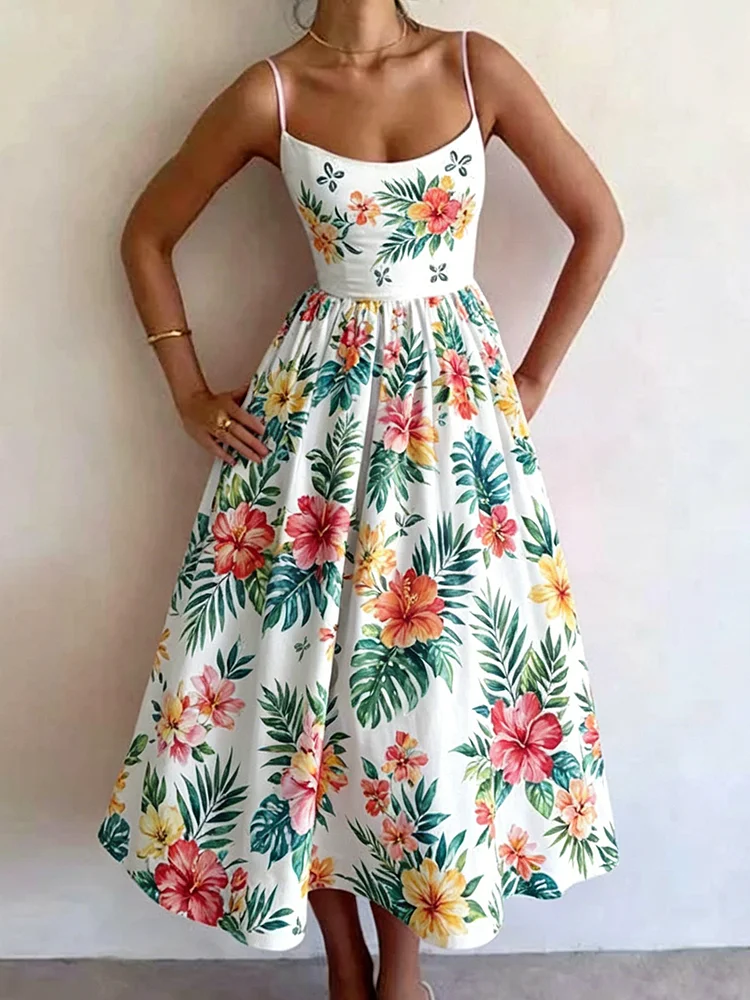 

Women's Casual Elegant A-Line Midi Dress With Tropical Floral Print Spaghetti Strap High Waist Summer Dress Daily Trendy Outfit