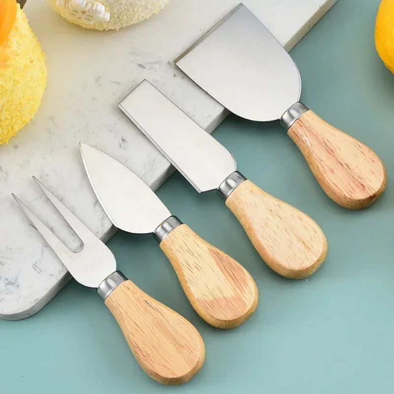 4Pcs Stainless Steel Cheese Knives Set Cheese Cutlery Butter Slicer Cutter Wood Handle Cream Bread Splitter Butter Knife Spatula