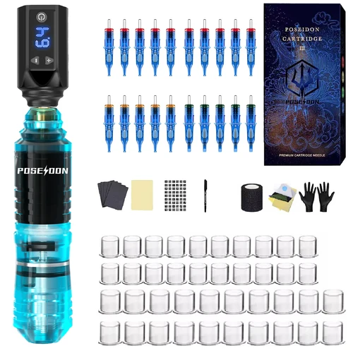 Imagen 2 del producto Kit de tatuaje POSEIDON, Kit de pluma de tatuaje transparente para maquillaje permanente, Kit de máquina de tatuaje, fuente de alimentación de tatuaje azul, Kit de pistola de tatuaje