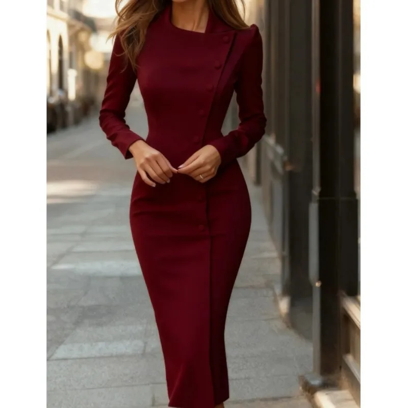 Robe élégante à la mode pour femmes, simple boutonnage, manches longues, pour l'automne, Sexy, Slim, près des hanches, OL, pour les déplacements professionnels, 2025