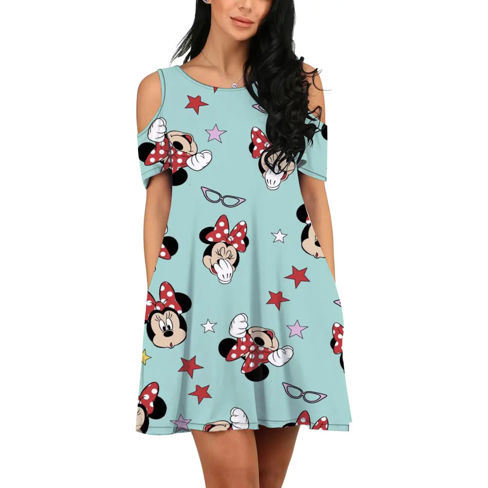 Fashion Nightclub Party Disney Brand Mickey and Minnie Anime 2022 Summer New Elegant Sexy Off-the-shoulder Korean Slim Dress