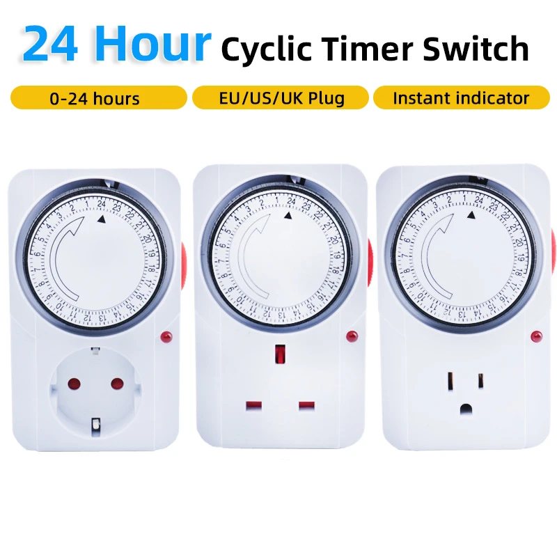 24 Hour Cyclic Timer Switch EU/US/UK Plug Timing Socket Programmable Mechanical Timer Auto Shutdown with Overload Protection