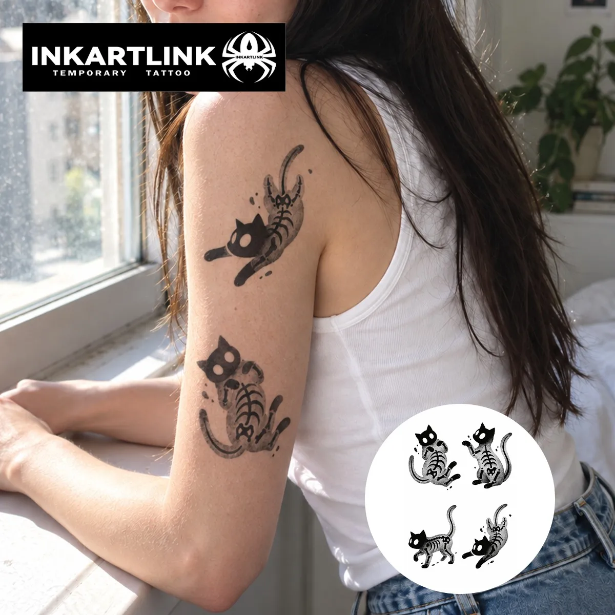 INKARTLINK 1PC Herbal Skeleton Cat Tattoo Lasts 2-5 Days, Unisex for Halloween, Parties & Creepy Cute Style