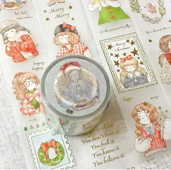 Sholittlehappines Vintage Merry Christmas Girl Washi PET Tape Planner DIY Card Making Scrapbooking Plan Decorative Sticker