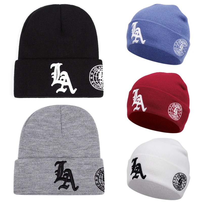 2025 nuevo sombrero de punto de tierra bordado lateral con letras LA para hombre, gorro cálido para deportes al aire libre, gorro de frijol suave, gorro de lana informal para mujer
