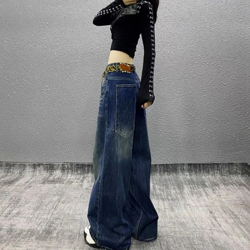 Spring and Autumn New American Pocket Casual Tie-Dye Jeans Women's Retro Leopard Print Ribbon Loose Wide Legs Pants
