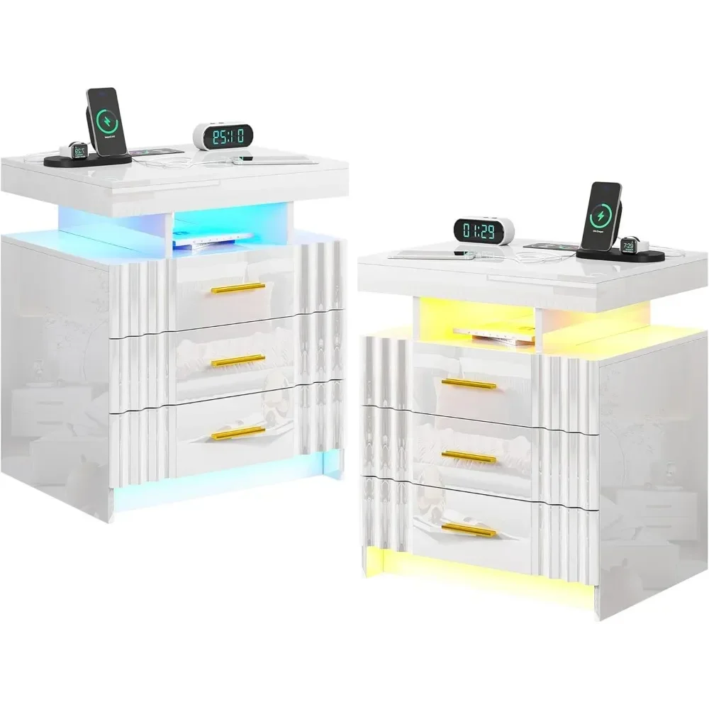 

LED Nightstand with Charging Station& 3 Drawers, High Gloss Bedside Table with Auto Sensor 24-Color Lights, Nightstand