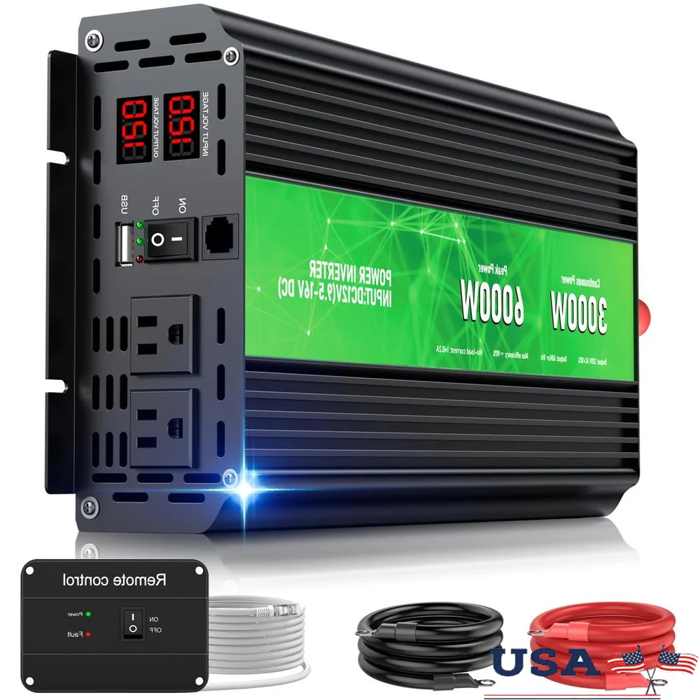 3000W Power Inverter,Peak Power 6000W 12V DC to AC 110V120V,Remote Control with 2AC Outlets and 2.4USB Port,LCD Display Power