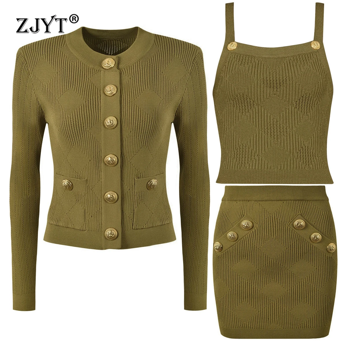 

ZJYT Spring Autumn New Fashion Knitted Vest and Skirt Suit Set Two Pieces Womens Outfit Long Sleeve Cardigans Sweaters Tops