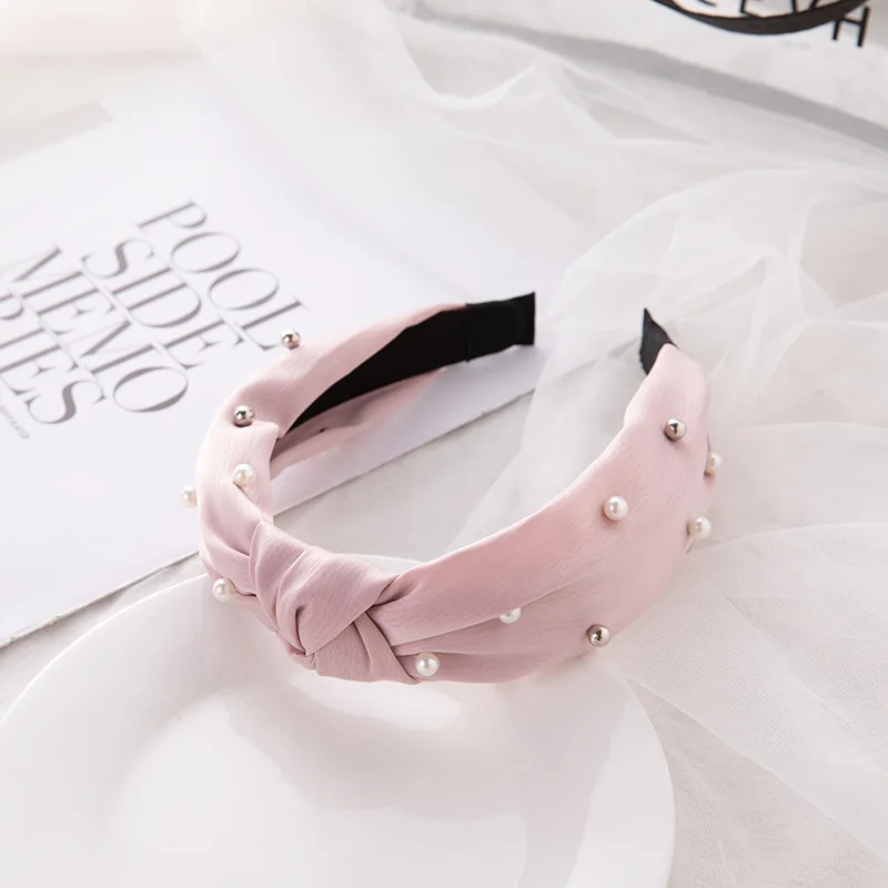 Fashion Knot Pearl Headbands Wide Solid Silk Beads Twist Hairbands for Women Girls Wash Makeup Hair Hoops Bezel Hair Accessories