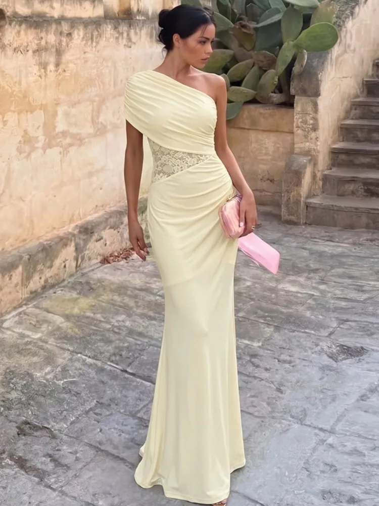 Blifanbo Sexy Lace Patchwork Maxi Dress Women Pleated Bodycon One-shoulder High Waist Sleeveless Backless Club Party Long Dress
