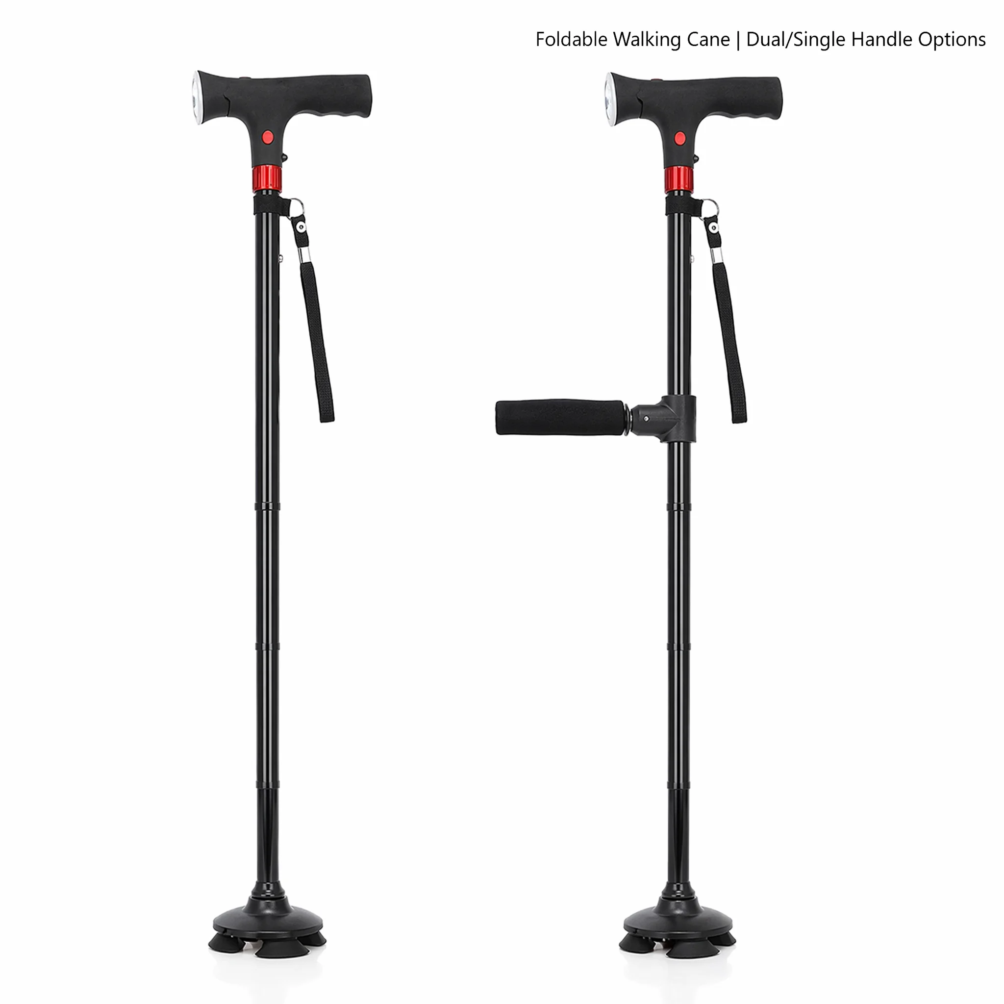 LED Folding Walking Cane for Seniors Adjustable Height Dual/Single Handle Options Anti-Slip Quad Base Lightweight Mobility Aid