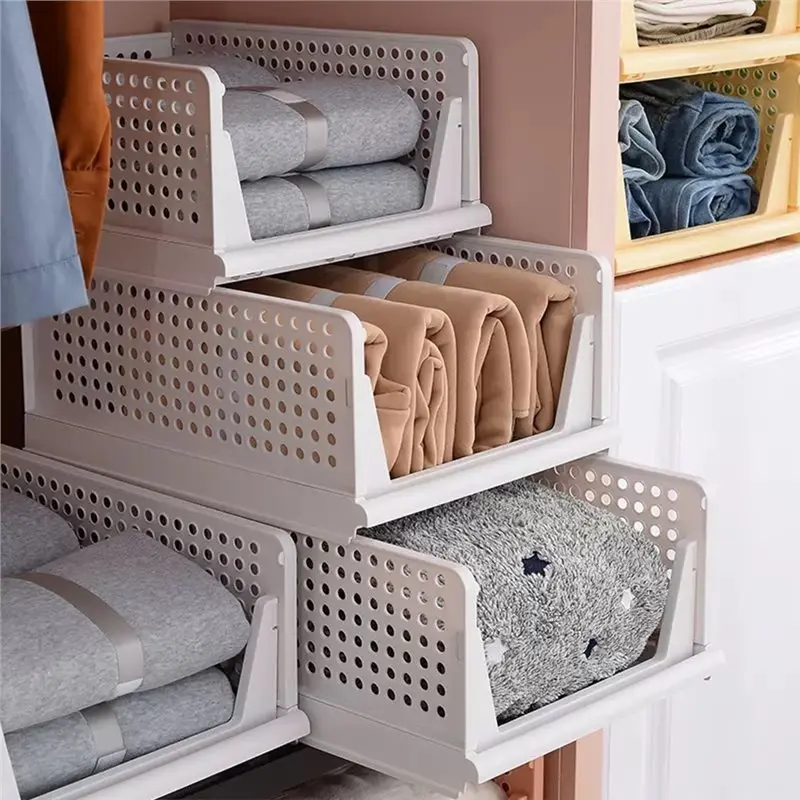 AT63-Wardrobe Storage For Bedroom, Basement- Stackable Closet Storage Baskets, Foldable Divided Clothes& Hat Organizer Bins Bath