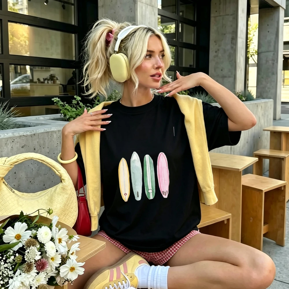 Four Pastel Color Hand Drawn Surfboards Horizontal Print Women Cotton T Shirt Minimalist Beach Ocean Summer Holiday Casual Tees