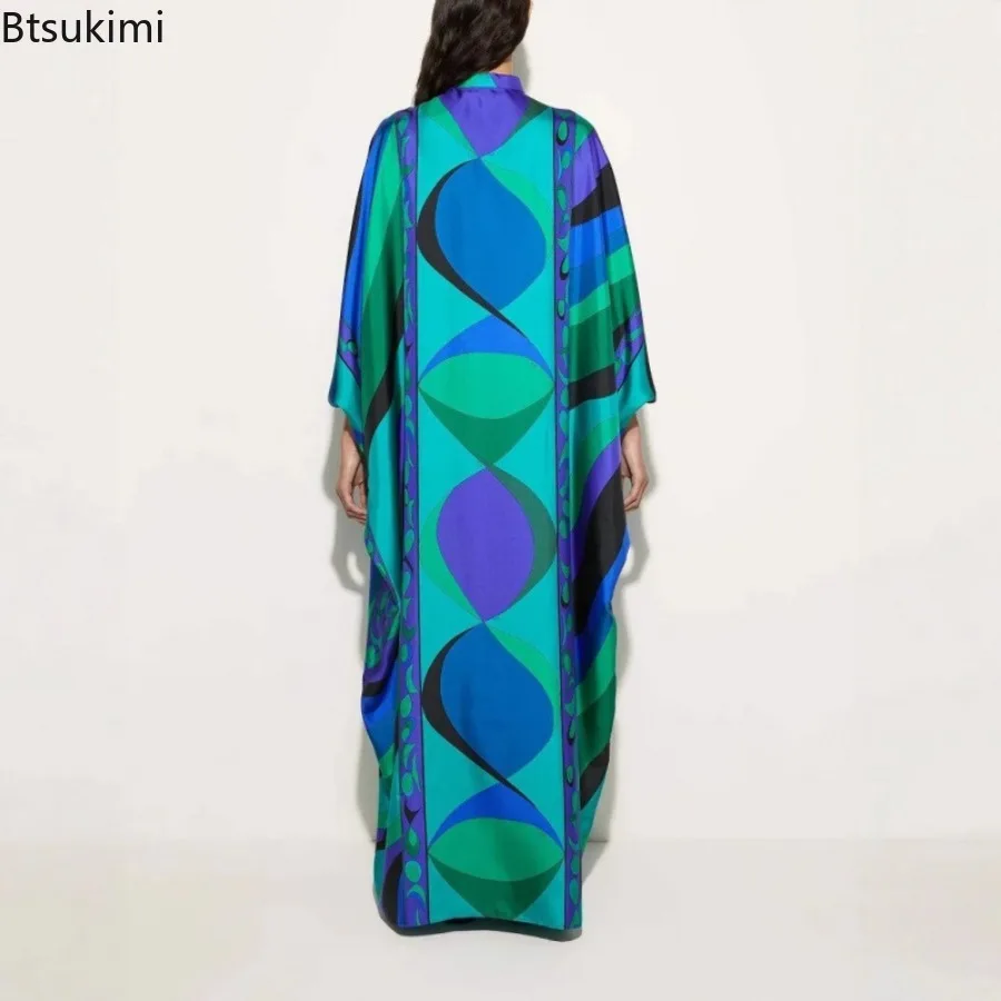 New Geometry Print Maxi Dress for Women Stand Collar Spliced Lace Up Elegant Casual Evening Dresses Spring Summer Women Clothing
