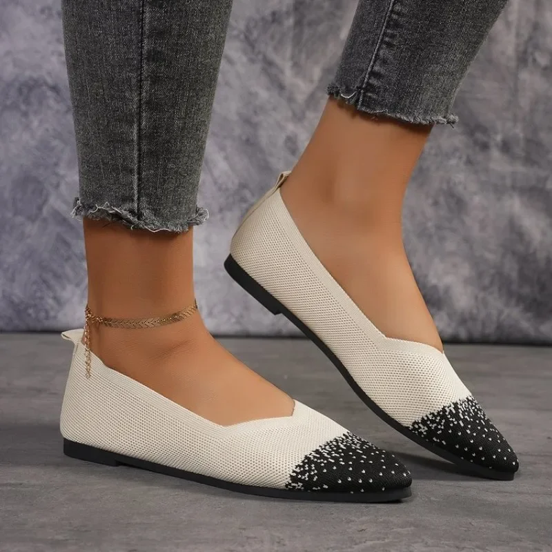 New 2024 Pointed Toe Flat Office Boat Solid Color Knitted Slip on Shoes Casual Ballet Flats Shoes Women Loafers Zapatos De Mujer